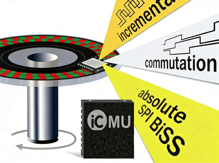 iC-Haus MU series encoder chip reading a magnetic encoder disk — off-axis absolute encoder system